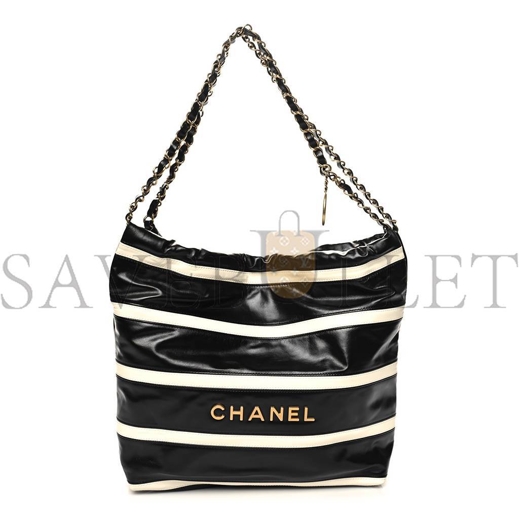 CHANEL MASTER SHINY CALFSKIN STRIPED SMALL CHANEL 22 BLACK WHITE AS3260 (37*35*7cm)